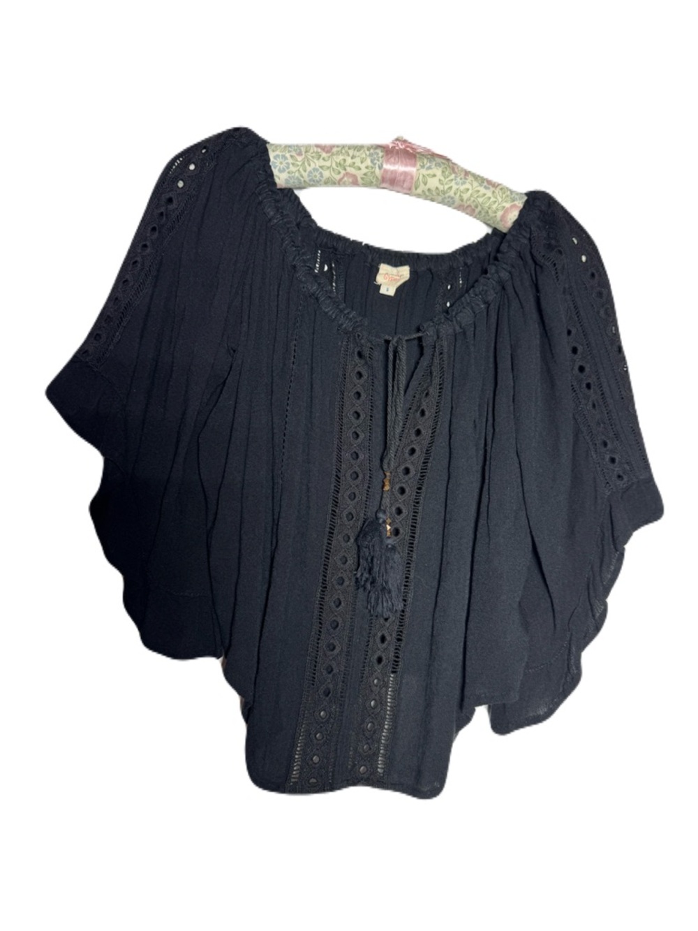 Boho Chic/Dark Romantic Black Eyelet Peasant Top with Tassel Tie